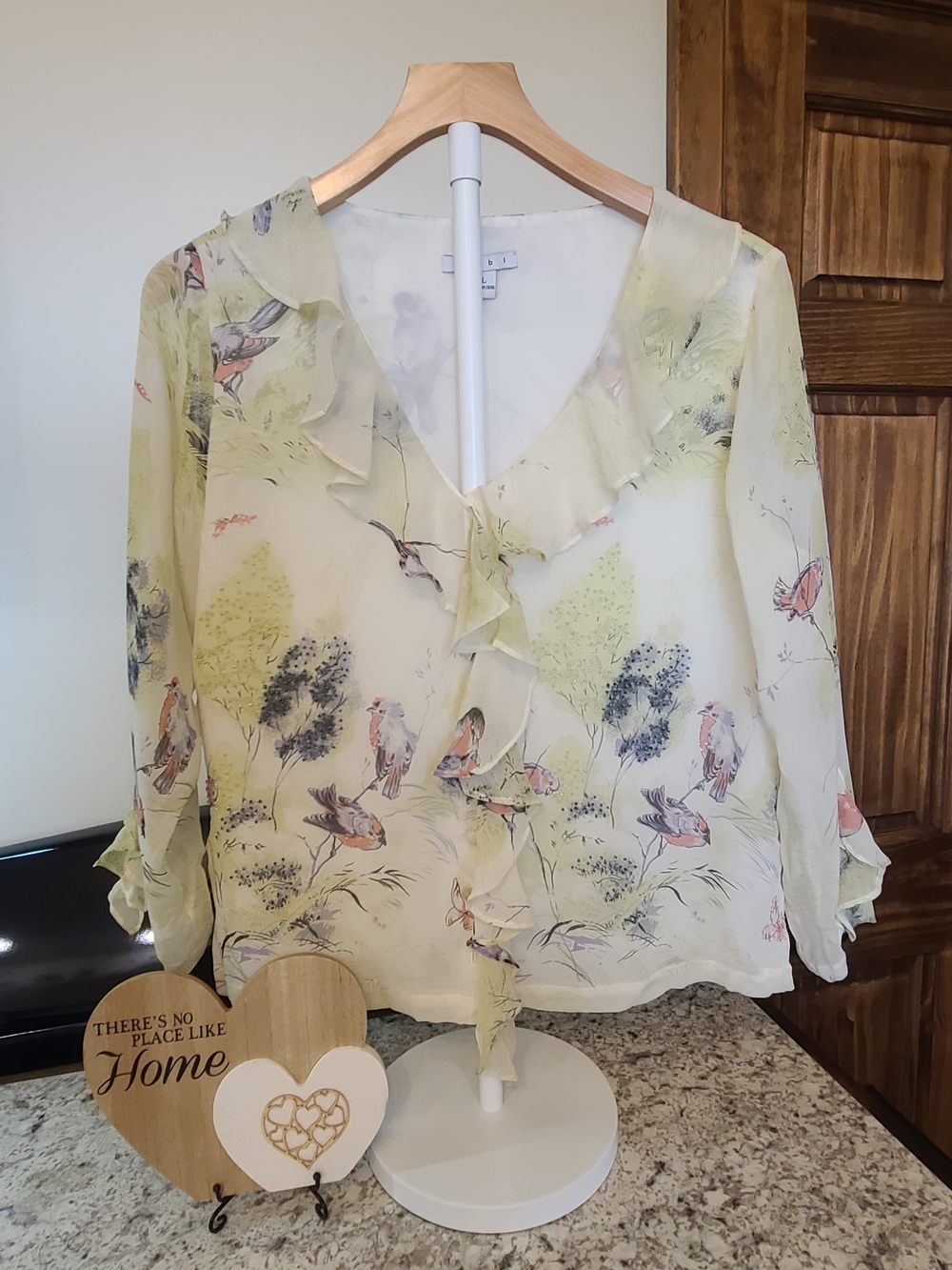 CAbi Pale Yellow Bird & Tree Ruffle V-Neck Blouse